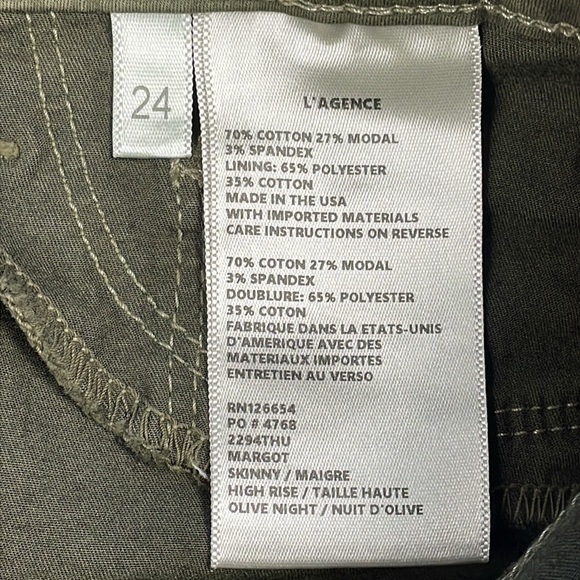 NWT L’Agence Margot Skinny High Rise Jeans Olive Night Green Sz 24 - Picture 11 of 11